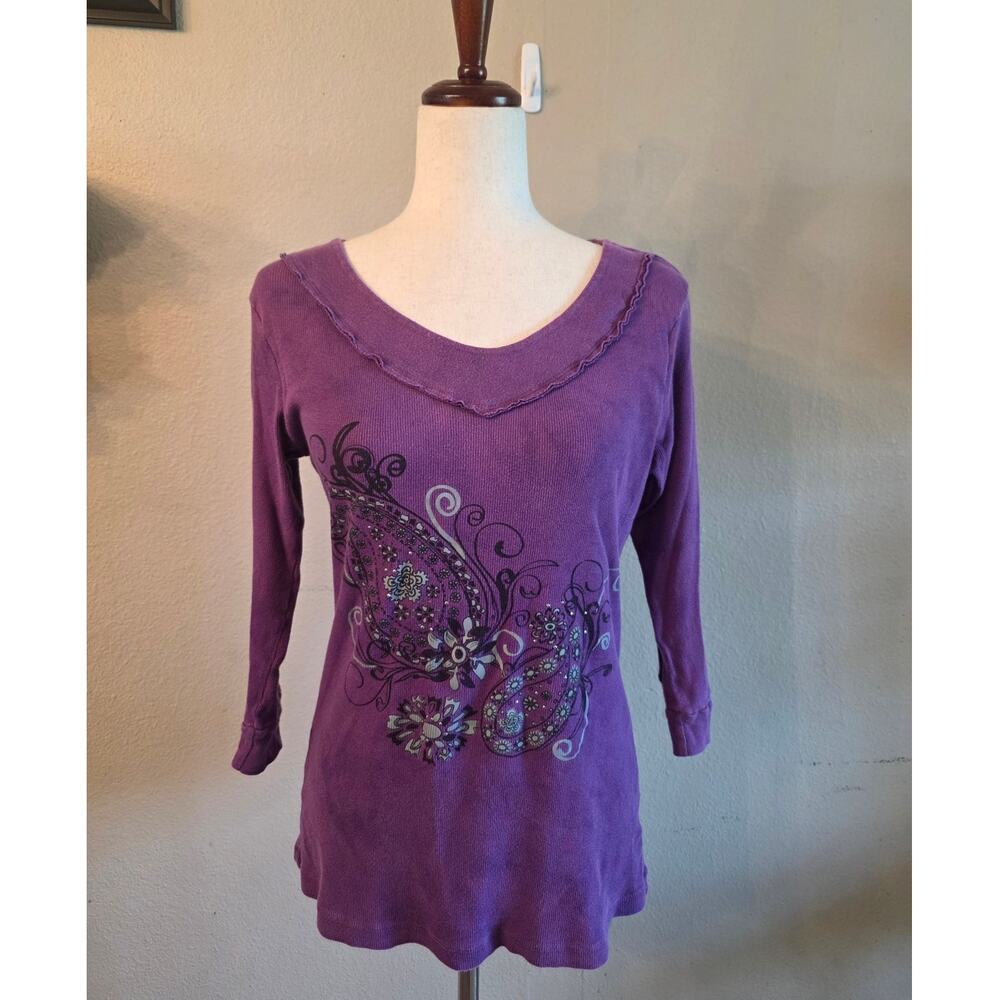 VTG Y2K Women's Graphic Print 3/4 Sleeve Purple Top SZ Large 100% Cotton